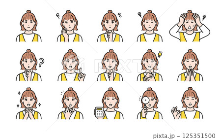 ジャンパースカートを着た若い女性の様々な表情バリエーションセット 125351500