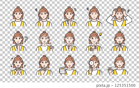 身穿套頭衫裙的年輕女子的各種面部表情變化集 125351500