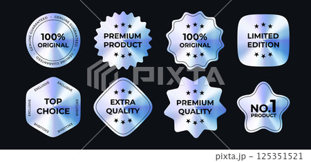 Luxury Holographic Badges Set With Premium Product Labels On Dark Background. Metallic Gradient Stickers Collection For Branding, Packaging, Promotion Or Advertising Design. Vector Illustration. 125351521