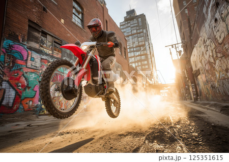A freestyle motorcycle racer races through the dirty streets of a big city against a backdrop of graffiti-painted walls A freestyle motorcycle racer races through the dirty streets of a big city against a backdrop of graffiti-painted walls 125351615