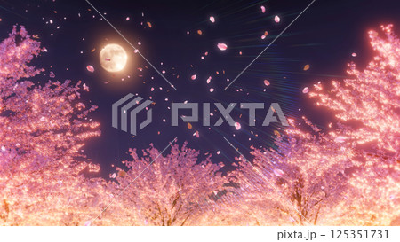 月の見える夜の桜並木と桜吹雪 125351731