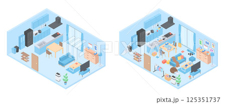きれいに片付いた部屋とごちゃごちゃ散らかった部屋のアイソメトリックイラスト きれいに片付いた部屋とごちゃごちゃ散らかった部屋のアイソメトリックイラスト 125351737