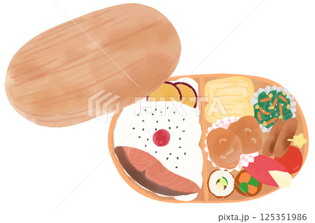 上から見たお弁当・わっぱ飯のイラスト　水彩風のおしゃれでかわいい絵本風イラスト　 125351986
