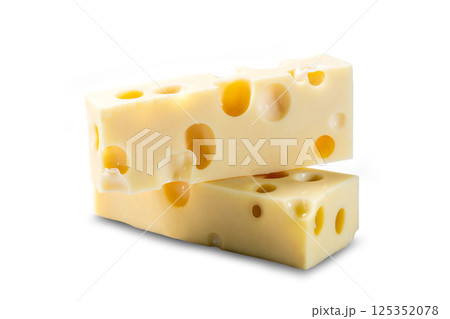 two pieces of maasdam cheese on a white background two pieces of maasdam cheese on a white background 125352078