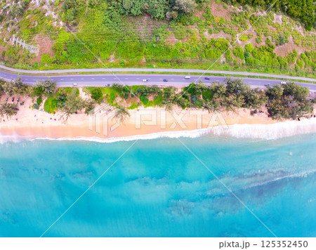 Beautiful colorful sand beach nature background,Amazing beach waves background, Aerial view wide angle sea background 125352450