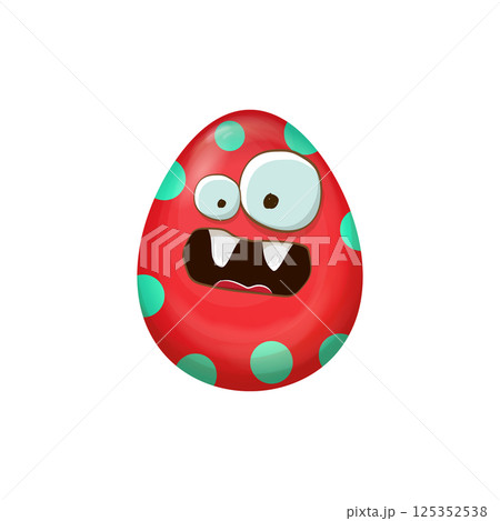 Cartoon red easter egg characters withh dots isolated on white background. Red pattern color egg vector concept illustration. funky sweet easter character with eyes and mouth 125352538