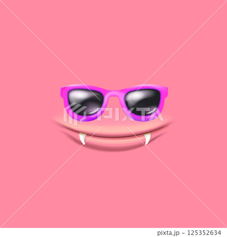 Vector Cartoon monster avatar with sunglasses, open mouth, fangs isolated on pink background. Funny and cute Halloween Monster open mouth with big vampire fangs. Bizarre face 125352634