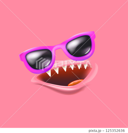 Vector Cartoon monster avatar with sunglasses, open mouth, fangs isolated on pink background. Funny and cute Halloween Monster open mouth with big vampire fangs. Bizarre face 125352636