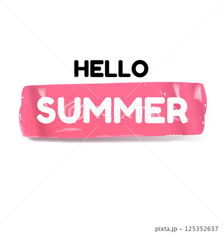 Hello summer pink groovy aesthetic sticker design isolated on white. Hello summer motto sticker, tag, retro label, banner, ribbon, label png with quote. Positiv and motivational 1970s style quote 125352637