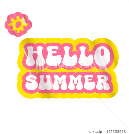 Hello summer pink groovy aesthetic sticker design isolated on white. Hello summer motto sticker, tag, retro label, banner, ribbon, label png with quote. Positiv and motivational 1970s style quote 125352638