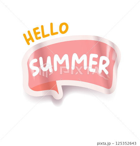 Hello summer pink groovy aesthetic sticker design isolated on white. Hello summer motto sticker, tag, retro label, banner, ribbon, label png with quote. Positiv and motivational 1970s style quote 125352643