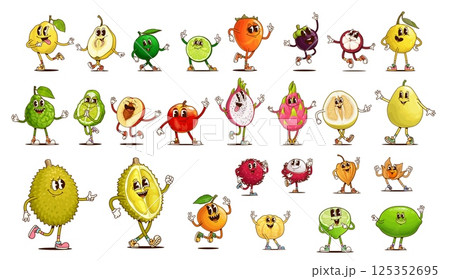 Groovy tropical fruit characters, cartoon retro farm berry food. Vector summer fruit personages of whole and half peach, lemon or lime, durian, quince, mandarin and bergamot orange groovy personages Groovy tropical fruit characters, cartoon retro farm berry food. Vector summer fruit personages of whole and half peach, lemon or lime, durian, quince, mandarin and bergamot orange groovy personages 125352695
