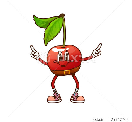 Groovy berry pirate or corsair character of cartoon cherry vector comic personage. Groovy berry pirate or Caribbean corsair and sailor skipper with happy smile on funny silly face of cherry character 125352705