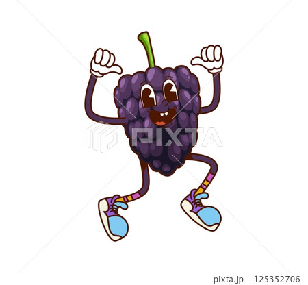 Cartoon groovy blackberry character happily jumping. Isolated vector naughty comic berry personage with a wide smile. Cute and funny ripe fruit wearing retro hippie sneakers express positive emotions 125352706