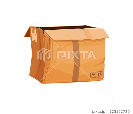 Damaged and ripped delivery cardboard box cartoon. Ripped crumpled delivery box, broken dirty isolated vector shipping parcel. Destroyed crushed cargo package cartoon or damaged wet paper container Damaged and ripped delivery cardboard box cartoon. Ripped crumpled delivery box, broken dirty isolated vector shipping parcel. Destroyed crushed cargo package cartoon or damaged wet paper container 125352720