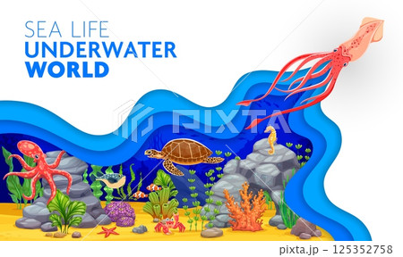 Underwater landscape paper cut background with squid and fishes, vector poster. Underwater world or undersea life of sea and ocean coral reef with paper cut cartoon octopus and turtle in seaweeds Underwater landscape paper cut background with squid and fishes, vector poster. Underwater world or undersea life of sea and ocean coral reef with paper cut cartoon octopus and turtle in seaweeds 125352758