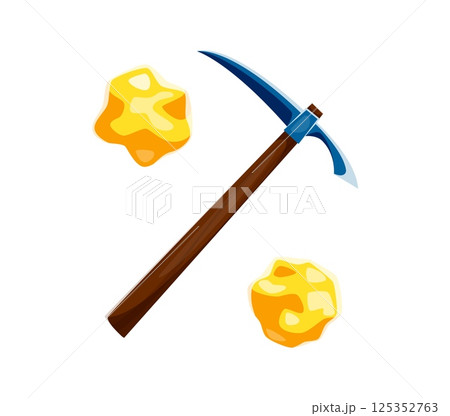 Cartoon percent symbol as a mining pickaxe and gold nuggets. Vector Cowboy font, typeface, western type, sheriff alphabet punctuation sign or glyph representing exploration themes in the wild west 125352763