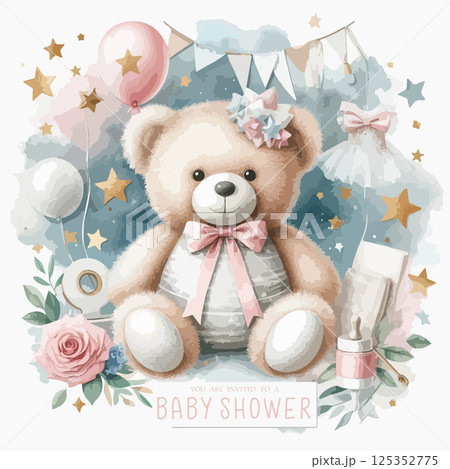 Cute baby shower watercolor invitation card for new born celebration. With plush toy teddy bear, balloons and stars. 125352775