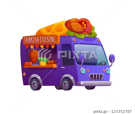 Cartoon Turkish cuisine food truck, vintage festival foodtruck van offering street meals. Vector retro mobile restaurant with doner kebab on display, representing international take out snacks 125352787