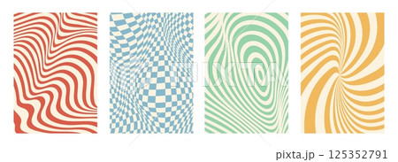 Psychedelic groovy patterns. Vector set of abstract vibrant wavy and distorted optical illusions in retro color palettes. Warped striped and checkered backgrounds for vintage posters in 70s style 125352791
