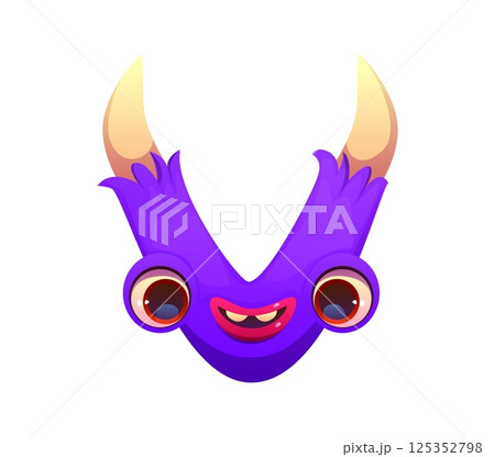 Crazy monster character cartoon font letter V. Bizarre bugaboo monster character alphabet letter, Halloween scarecrow vector font typeset symbol. Spooky horror bogle personage kids ABC type sign 125352798
