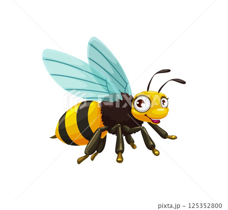 Cartoon wasp, bee or bumblebee funny character with big googly eyes, vector insect. Cartoon cute wasp or hornet bee with happy face and smile, small insect creature or wild bumble bee for kids mascot 125352800