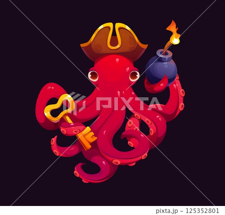 Cartoon octopus pirate with golden key and hand bomb. Vector kraken playful and adventurous character wearing a tricorn hat. Sea animal corsair nautical and fantasy personage for game or storytelling 125352801