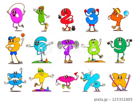 Math number and symbol groovy characters doing sport exercises and activities. Funny retro mathematics education vector personages playing sport games. Groovy hippie color number or numeral characters 125352805