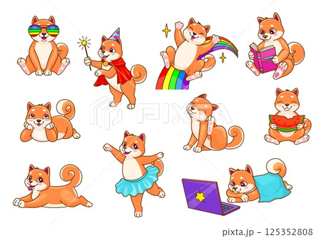Cartoon shiba inu dog puppy characters set of vector cute japanese pet animals. Funny shiba inu dogs personages posing, playing, dancing. Happy chubby brown puppies with fancy sunglasses and rainbow 125352808