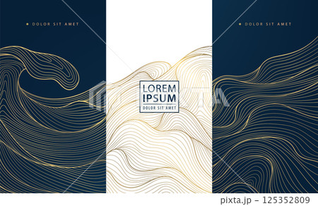 Vector set of gold wave background design, abstract luxury line art templates. Wine premium art deco package, chocolate, menu patterns, fancy vip graphic. 125352809