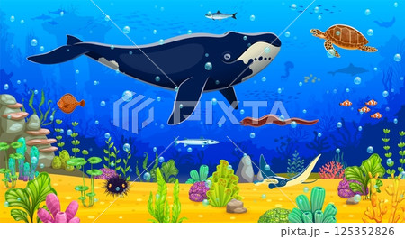 Underwater landscape game background. Cartoon blue whale, seaweeds, sea animals and fish characters at ocean bottom vector underwater landscape with sea turtle, manta ray, flounder, corals and bubbles Underwater landscape game background. Cartoon blue whale, seaweeds, sea animals and fish characters at ocean bottom vector underwater landscape with sea turtle, manta ray, flounder, corals and bubbles 125352826