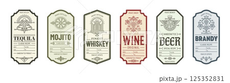 Alcohol label templates. Vector set of vintage alcohol labels for tequila, whiskey, wine, beer, brandy and mojito. Classic emblem layouts for distillery branding, bar themes or beverage packaging 125352831