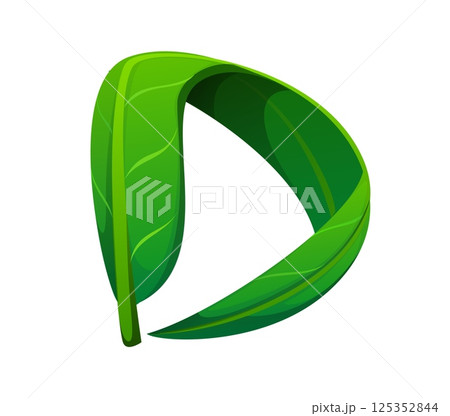 Fresh green leaf font letter D. Tree foliage kids ABC type symbol, nature plant cartoon isolated vector typeset element. Environment clean ecology English alphabet typeface letter or latin font sign 125352844