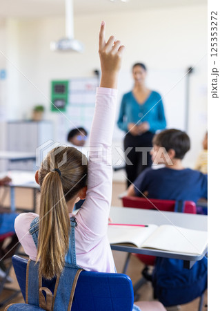 In school, girl raising hand to ask question in classroom with Indian female teacher 125353272