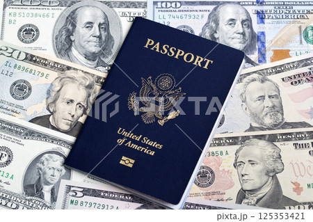 American passport on a US dollar 125353421