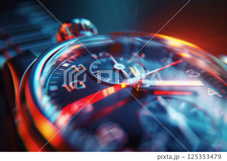 Macro shot of modern chronograph watch with flying glowing sparks in motion 125353479