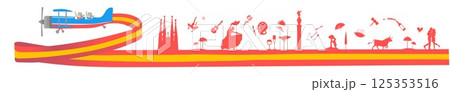 vintage airplane with a couple on board, with the horizontal spain flag with spanish symbols and icons. Vector illustration 125353516