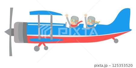vintage airplane with couple in love waving. cartoon flat style vintage airplane with couple in love waving. cartoon flat style 125353520