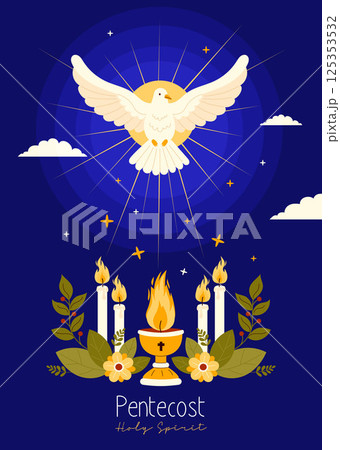 Pentecost Sunday Holy Spirit Banner. White Divine Dove with Church Chalice and Burning Candles. Catholic, Christian Religious Culture Holiday. Vertical Poster for Biblical Series. Vector Illustration 125353532