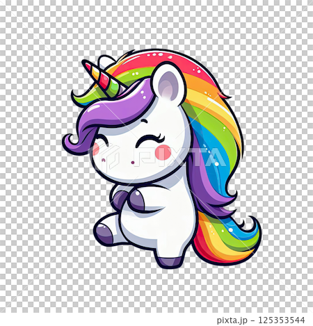 Cute cartoon happy magic unicorn with rainbow on a white background Cute cartoon happy magic unicorn with rainbow on a white background 125353544