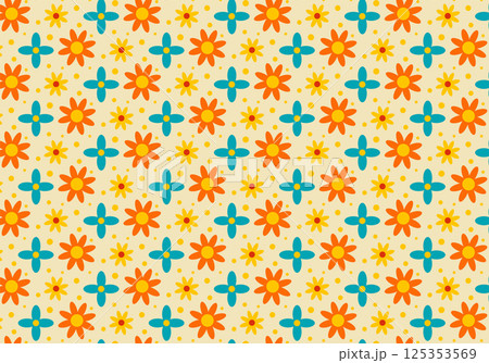 Seamless pattern with flowers on a beige background. Vector illustration for decor and printing on packaging, textiles, clothing, wallpaper, etc. Spring, summer, nature, plant, flowers, leaves. 125353569