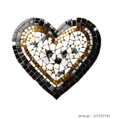 Heart made of black, gold and white ceramic mosaic, white background, minimalism Heart made of black, gold and white ceramic mosaic, white background, minimalism 125353742