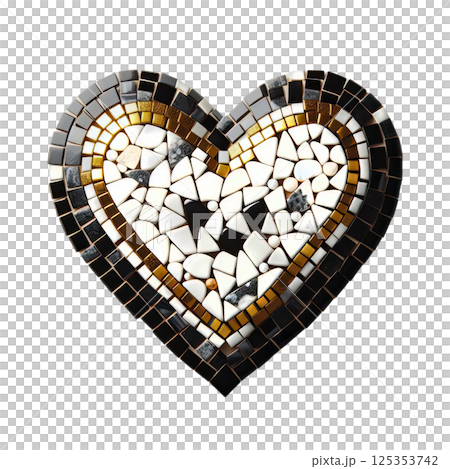 Heart made of black, gold and white ceramic mosaic, white background, minimalism Heart made of black, gold and white ceramic mosaic, white background, minimalism 125353742