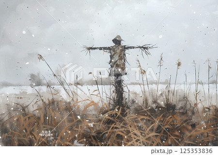 草原に立つ案山子のある風景(水彩画) 草原に立つ案山子のある風景(水彩画) 125353836