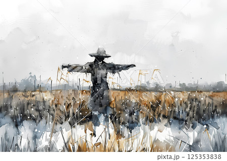 草原に立つ案山子のある風景（水彩画） 125353838