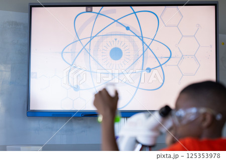 In school, student using microscope in science classroom, focusing on experiment 125353978