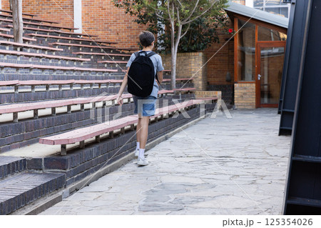 Walking with backpack, boy heading to school building in courtyard, copy space Walking with backpack, boy heading to school building in courtyard, copy space 125354026