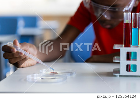 In school, student using pipette with petri dish and test tubes in science class, copy space In school, student using pipette with petri dish and test tubes in science class, copy space 125354124