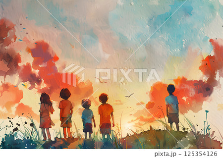 夕焼けを見上げる子供たち(水彩画) 夕焼けを見上げる子供たち(水彩画) 125354126