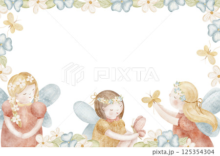 Frame fairy girl butterfly in flowers. Watercolor illustration sorceress, elves hand drawn in children's style, template isolated on background for design invitations, holiday, postcard, baby birthday 125354304